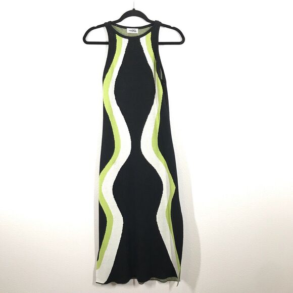 Mandinga Inca Midi Knit Dress Small Retro 90s Green Black Cotton Slit Sleeveless - Picture 1 of 10